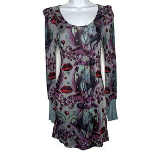 Vintage Y2K Custo Barcelona Graphic Mesh Dress Size S Gray Purple Lips Hearts